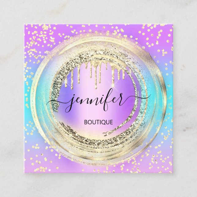 QR Code Logo Shop Pink Ombre Gold Drips Confetti  Square Business Card (Front)
