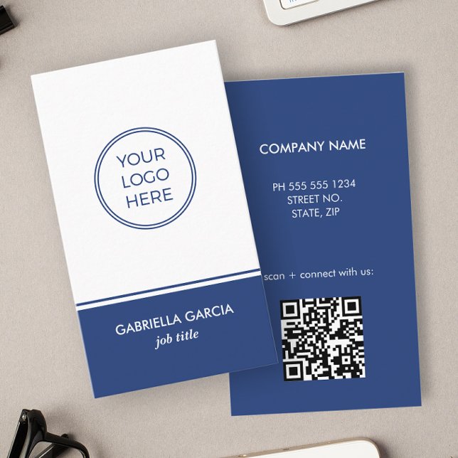 QR Code Logo Simple Blue Business Card (Customize with your logo, name, job title, company details and QR Code for a branded look.)