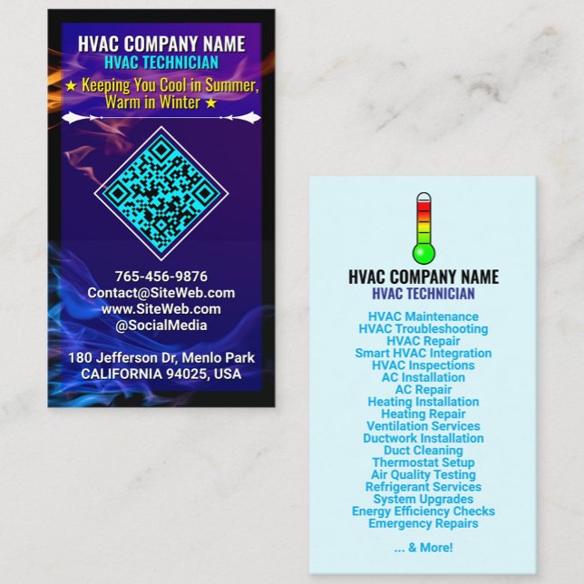 QR Code, Logo & Slogan | Heating and Cooling HVAC Business Card (custom slogan, business logo, and a QR code)