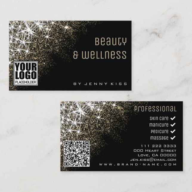 QR Code Logo Template Luminous Gold Glitter Stars Business Card (Front/Back)