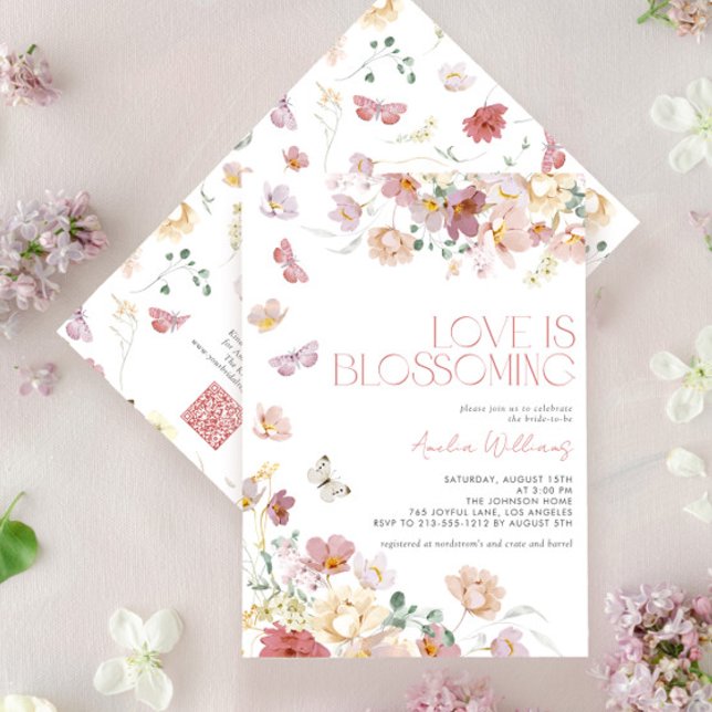 QR Code Love is Blossoming Pink Bridal Shower Invitation (Creator Uploaded)