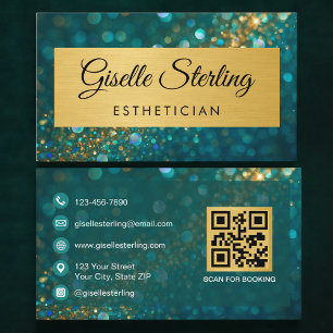 QR Code Luxury Aesthetician Gold Teal Glitter  Business Card