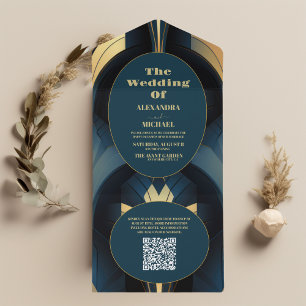 QR Code Luxury Blue and Gold Art Deco Wedding  All In One Invitation