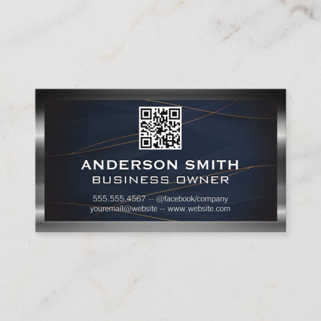 QR Code | Luxury Blue Gold Lines | Metallic Border Business Card (Front)
