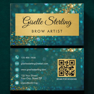 QR Code Luxury Brow Artist Gold Teal Glitter  Business Card
