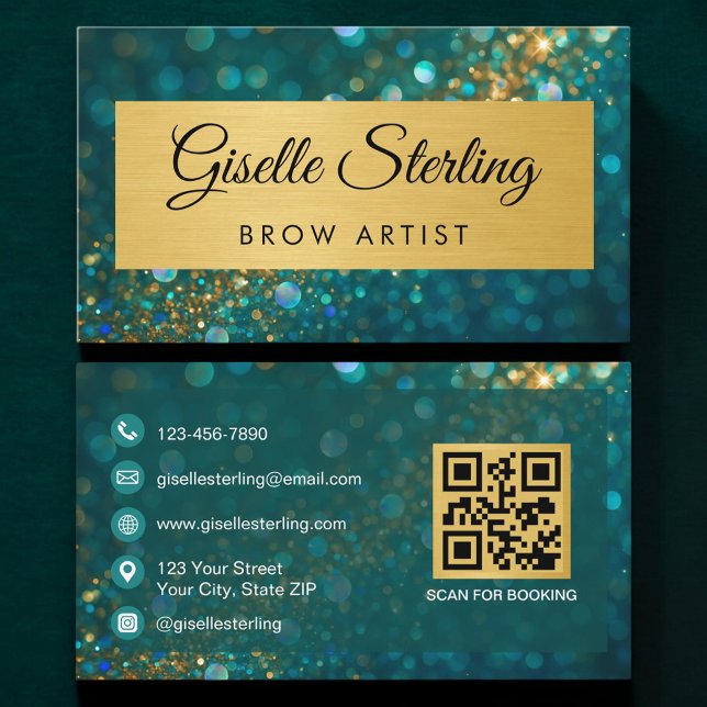 QR Code Luxury Brow Artist Gold Teal Glitter  Business Card (Creator Uploaded)