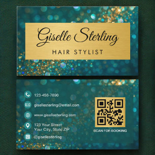QR Code Luxury Hair Stylist Gold Teal Glitter Business Card