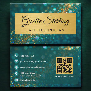QR Code Luxury Lash Technician Gold Teal Glitter Business Card