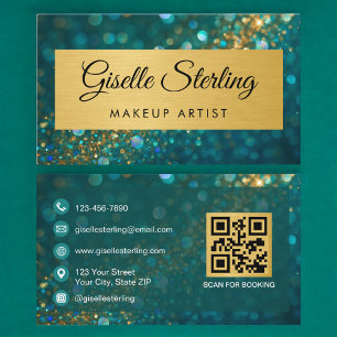 QR Code Luxury Makeup Artist Gold Teal Glitter Business Card