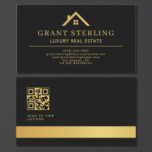 QR Code Luxury Real Estate Agent Black Gold Business Card