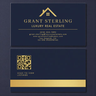 QR Code Luxury Real Estate Agent Navy Blue Gold Business Card