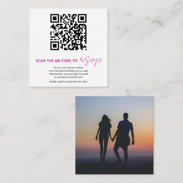 QR code magenta calligraphy RSVP photo wedding Enclosure Card (Front/Back)