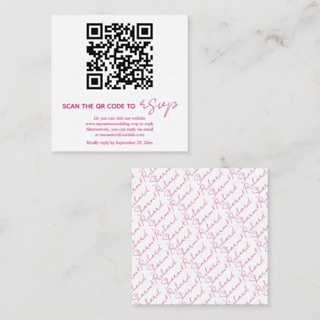 QR code magenta pink calligraphy RSVP photo Enclosure Card (Front/Back)