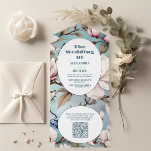 QR Code Magnolia Blush Pink Floral Wedding All In One Invitation