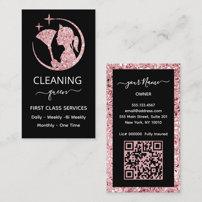 QR code Maid Rose Pink Cleaning Service Business Card (Front/Back)
