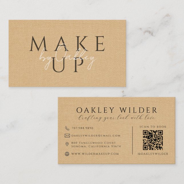 QR Code Makeup Artist Beige Faux Linen Business Card (Front/Back)