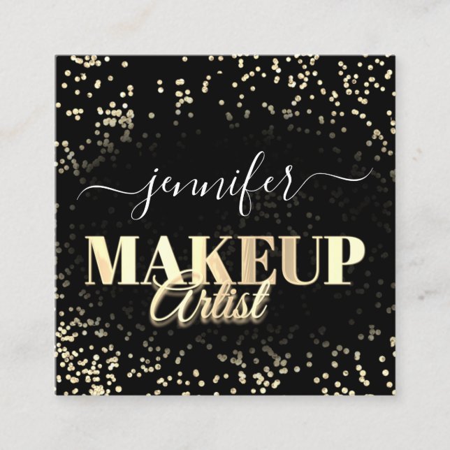 QR Code Makeup Artist Gold Confetti Black  Square Business Card (Front)