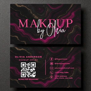 QR Code Makeup Artist Hot Pink Agate Marble Business Card