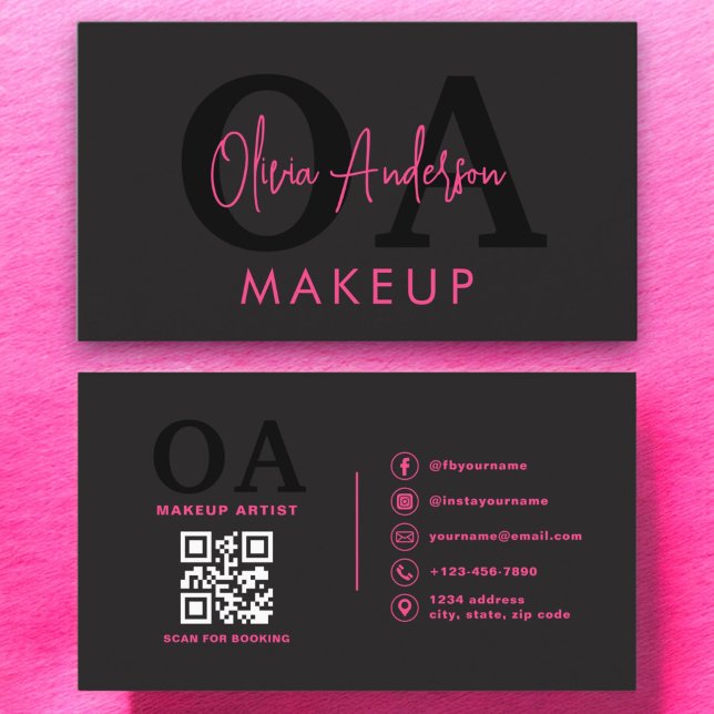 QR Code Makeup Artist Hot Pink Black Social Media Business Card (Creator Uploaded)