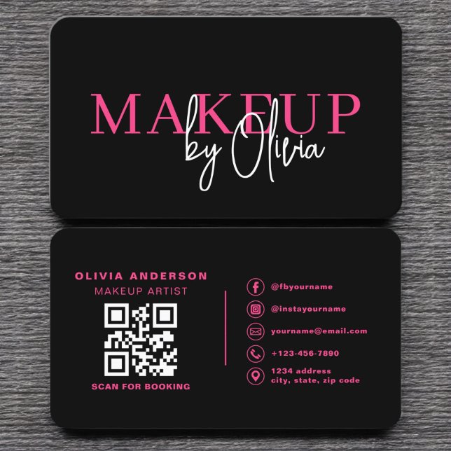 QR Code Makeup Artist Hot Pink Social Media Business Card (Creator Uploaded)
