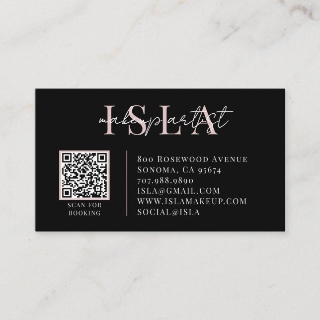 QR Code Makeup Artist Pink Black Business Card (Front)