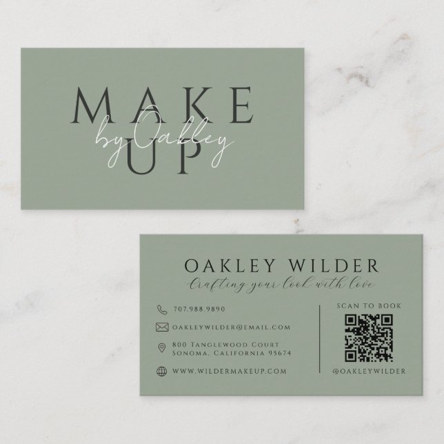QR Code Makeup Artist Sage Green Business Card (Front/Back)