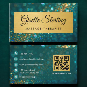 QR Code Massage Therapist Gold Teal Glitter  Business Card