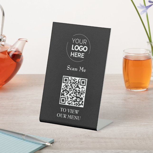 QR Code Menu | Logo Black Contactless Modern Pedestal Sign (In SItu)