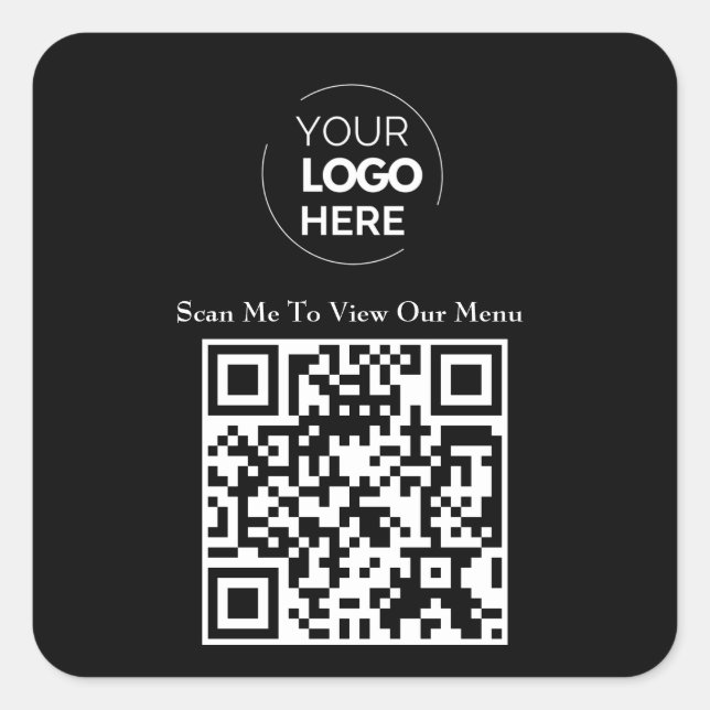 QR Code Menu | Logo Black Contactless Modern Square Sticker (Front)