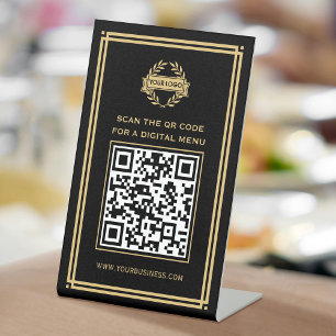 QR Code Menu Logo Contactless Classic Black Gold Pedestal Sign