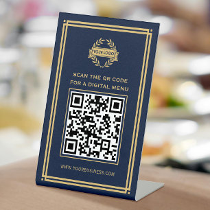 QR Code Menu Logo Contactless Classic Navy Gold Pedestal Sign