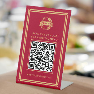 QR Code Menu Logo Contactless Classic Red Gold Pedestal Sign
