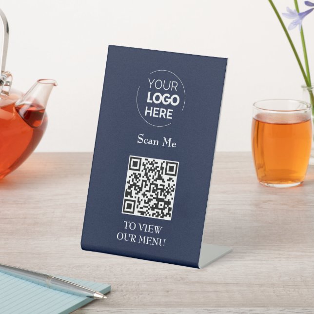 QR Code Menu | Logo Navy Blue Contactless Modern Pedestal Sign (In SItu)