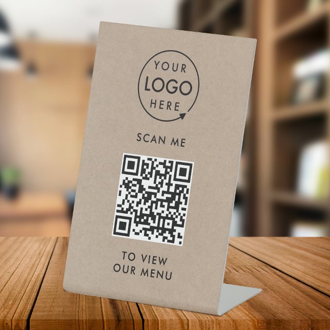 QR Code Menu | Logo Rustic Kraft Contactless Pedestal Sign (Branded interactive QR code menu table signs for restaurants, bars, cafes & hospitality events!)