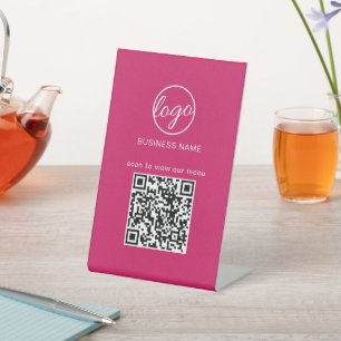 QR Code Menu Restaurant Business Logo Hot Pink Pedestal Sign