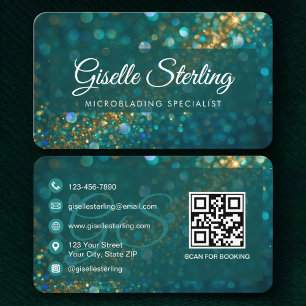 QR Code Microblading Teal Gold Glitter  Business Card