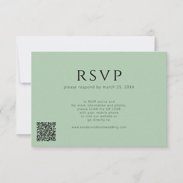 QR code minimal modern sage green wedding RSVP Card (Front)