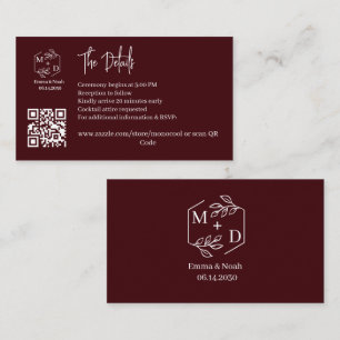 Qr Code Minimal Monogram Wedding Details Burgundy Enclosure Card