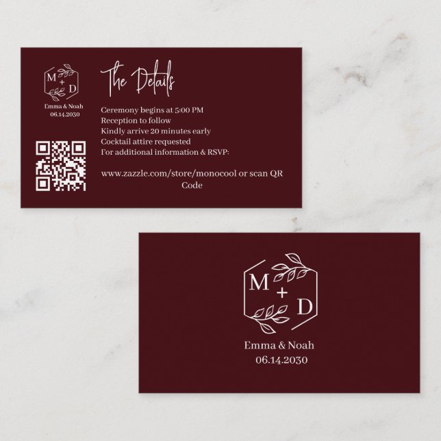 Qr Code Minimal Monogram Wedding Details Burgundy Enclosure Card (Front/Back)