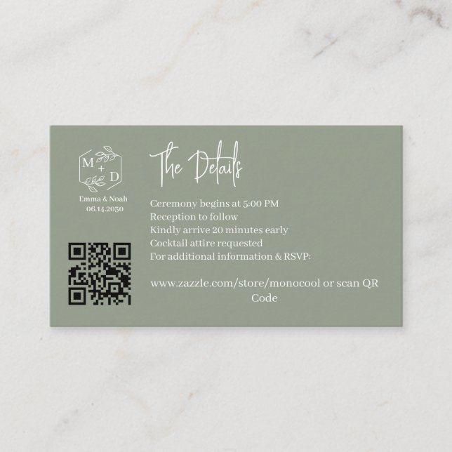 Qr Code Minimal Monogram Wedding Details SageGreen Enclosure Card (Front)