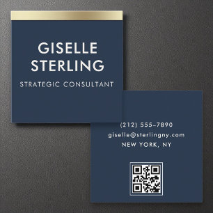 QR Code Minimal Navy Blue Gold Luxury Typography  Square Business Card