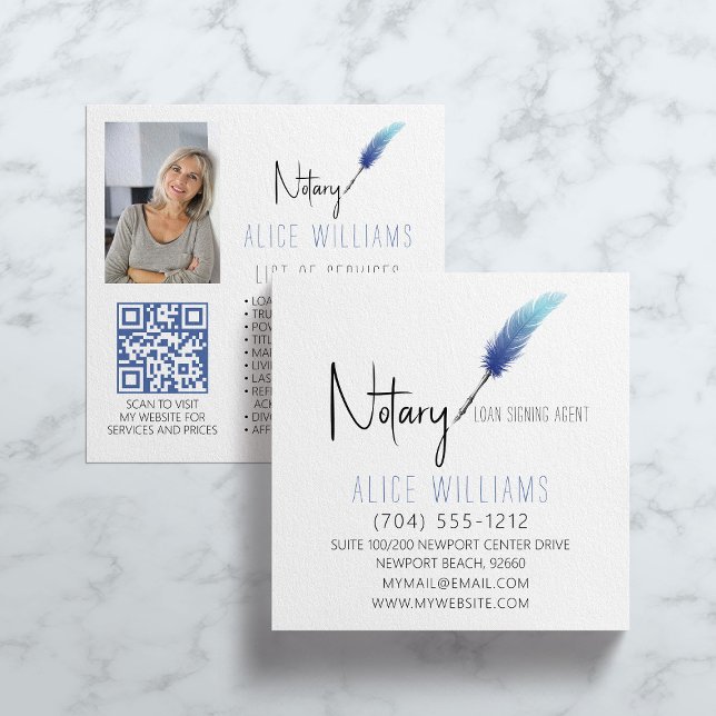 QR Code Minimalist Blue & White Notary Photo Square Business Card (Creator Uploaded)