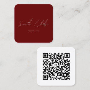 QR Code Minimalist Burgundy Handwritten Script Square Business Card