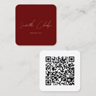 QR Code Minimalist Burgundy Handwritten Script Square Business Card