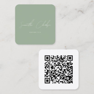 QR Code Minimalist Sage Green Handwritten Script Square Business Card