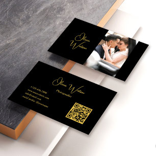 QR Code Minimalist Trendy Gold Script Photographer Business Card