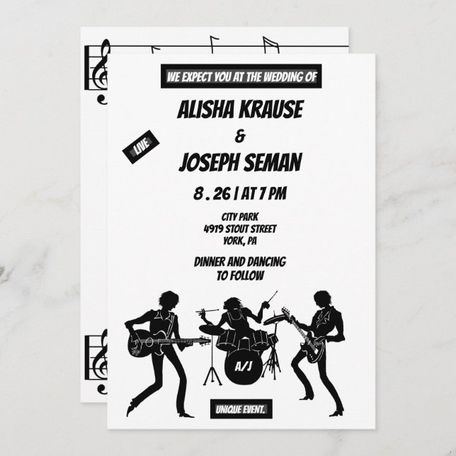 QR Code Modern Black and Withe  Music Wedding Invitation (Front/Back)