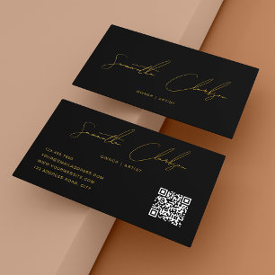 QR Code Modern Black & Gold Handwritten Script Business Card