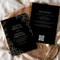 QR Code Modern Black & Gold Minimal Leaf Wedding