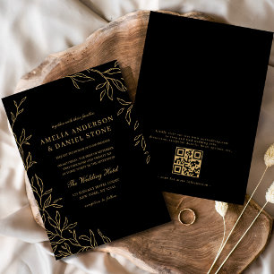QR Code Modern Black Gold Minimal Leaf Wedding Invitation